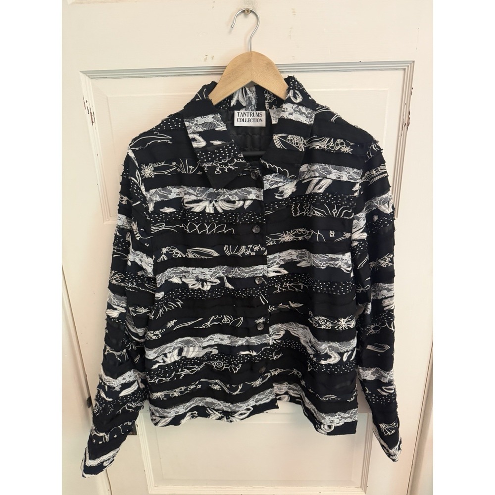 Tantrums Collection Vintage Women's Black Lace Silk Blend Striped Blouse Size M